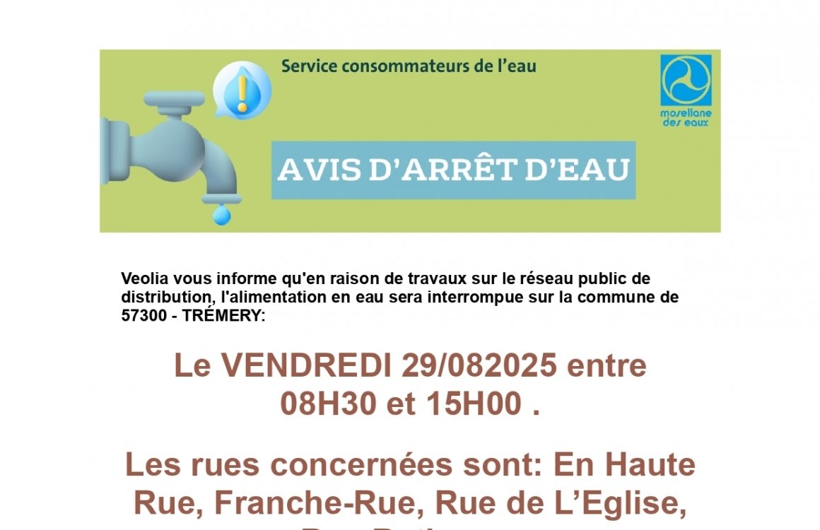 Avis d'arrêt d'eau